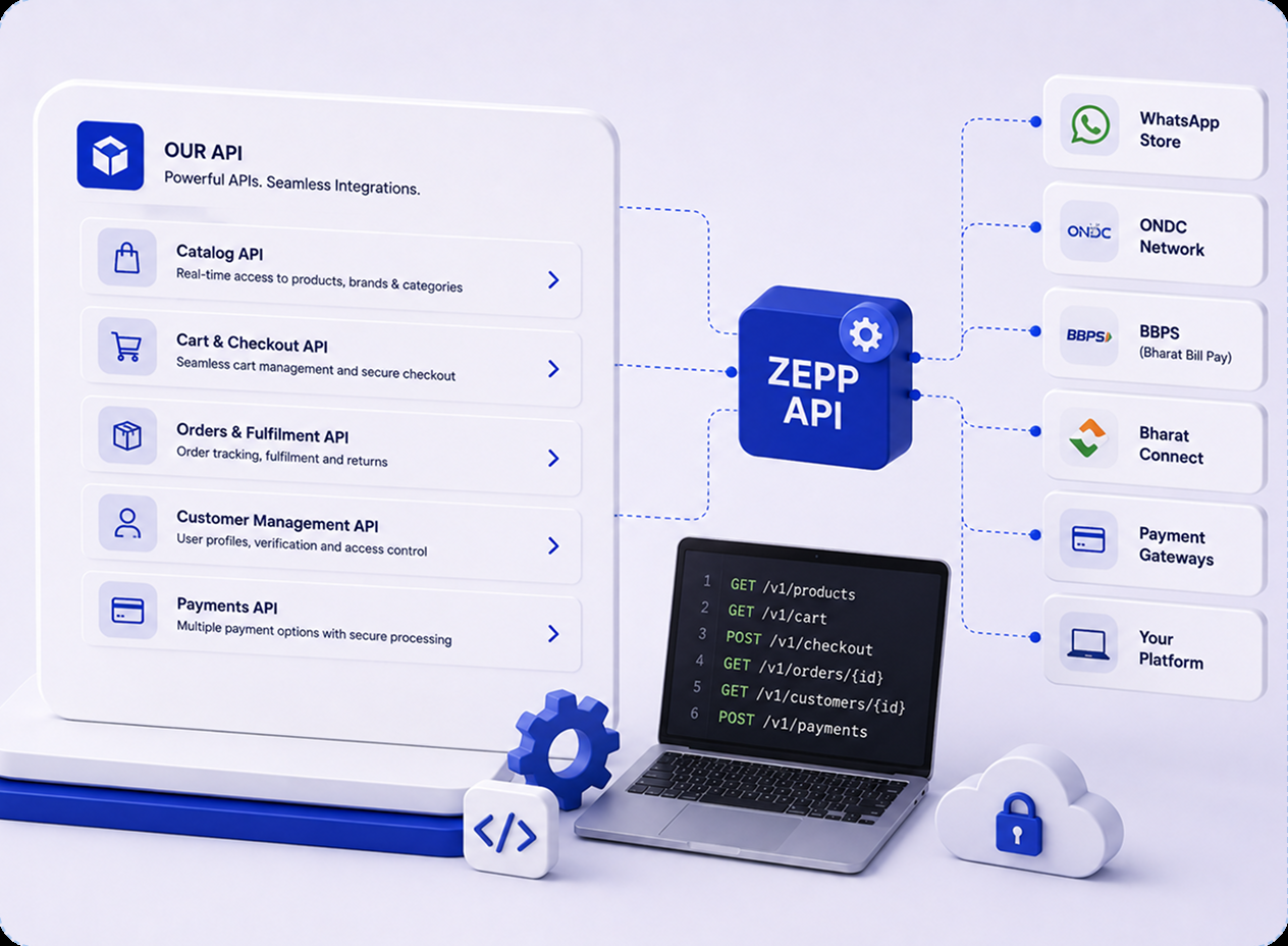 ZEPP API connecting catalogue, cart, orders, customer management and payments to WhatsApp Store, ONDC, BBPS, Bharat Connect and payment gateways
