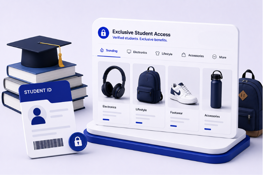 Exclusive Student Access storefront with a verified student ID and catalogue